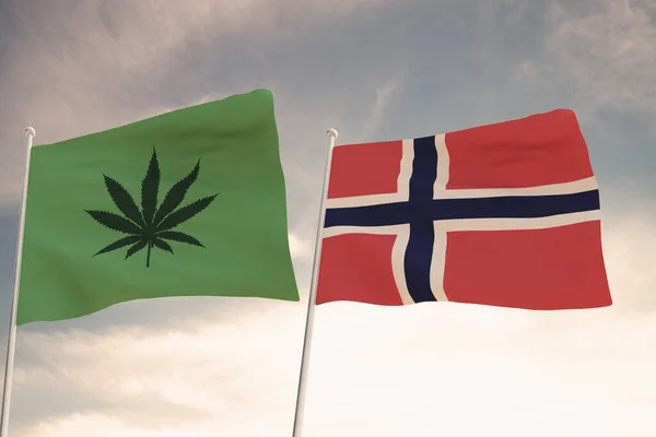 Intressant Flaggor Norge Och Legalisering Marijuana Viftar Med Den Ljusa — Stockfoto