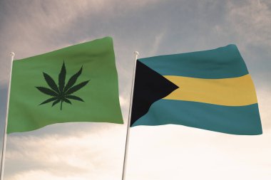 BAHAMAS 'ın ilginç bayrakları ve arka planda parlak gökyüzü olan marihuananın yasallaşması..