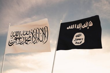 Taliban Afganistan ve terör örgütü IŞİD-K-KHORASAN 3D RENDERING 'in bayraklarının olağanüstü bir temsili.