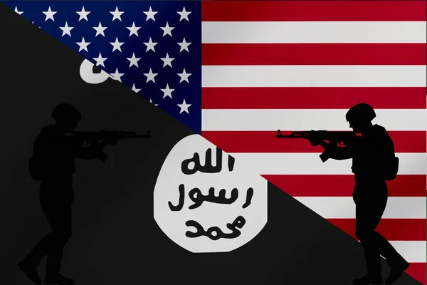 Soldaat Politie Gevechtspositie Met Geweer Met Isis Islamic State Khorasan — Stockfoto