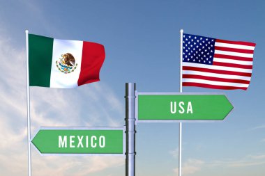 İki ülke arasındaki sınırların yönünü gösteren bir işaret. Meksika, Usa, 3D RENDERING