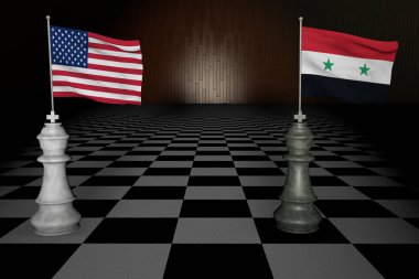 Amerika Birleşik Devletleri 'ni temsil eden ABD ve Suriye 3D RENDERING' i temsil eden iki satranç taşının muhteşem tasviri.