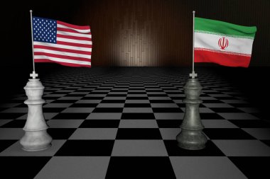 Amerika Birleşik Devletleri ve İran 'ı temsil eden iki satranç oyuncusunun muhteşem tasviri..
