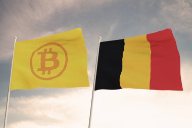 BITCOIN Bayrakları ve BELGIUM 'un ilginç bayrakları arka plandaki parlak gökyüzü ile 3 boyutlu görüntüleme