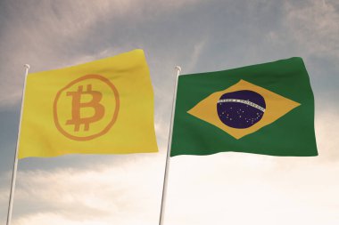 BITCOIN Bayrakları ve BELGIUM 'un ilginç bayrakları arka plandaki parlak gökyüzü ile 3 boyutlu görüntüleme