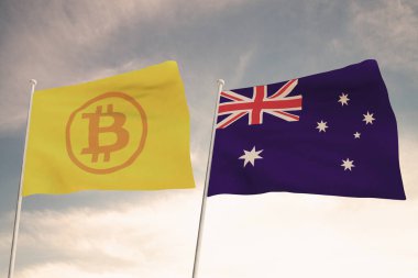 BITCOIN ve AUSTRALIA 'nın ilginç bayrakları arkaplanda parlayan gökyüzü ile 3D görüntüleme
