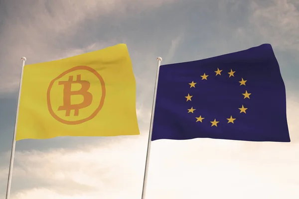 Интересные Флаги Bitcoin European Union Машущие Ярким Небом Фоне Рендеринга — стоковое фото