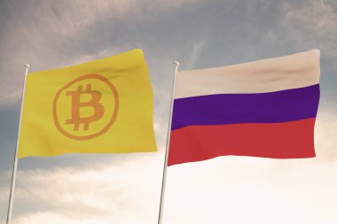 BITCOIN ve RUSSİA 'nın ilginç bayrakları arkaplanda parlayan gökyüzü ile 3D görüntüleme