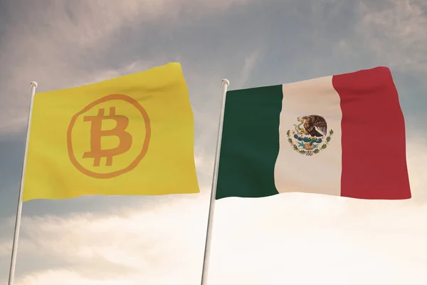背景3Dレンダリングで鮮やかな空を振っているBitcoinとMexicoの面白い旗 — ストック写真