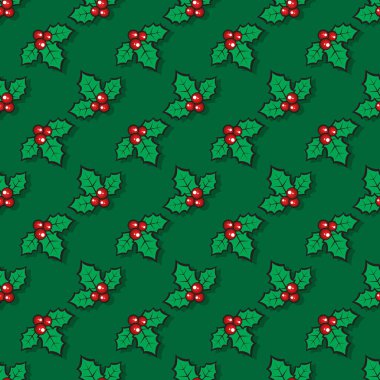 Holly Berry yapraklarıyla kusursuz desen. Düz dizayn. Yılbaşı tatili ya da Noel vektör çizimi. Pankart, duvar kağıdı, ambalaj kağıdı veya kumaş için tasarım ögesi.