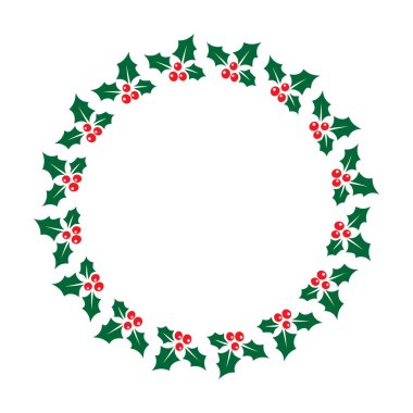 Beyaz arka planda izole edilmiş kutsal böğürtlenli daire çerçeve. Düz stil. Noel ya da Yeni Yıl vektör illüstrasyonu. Tebrik kartı, broşür, afiş, poster veya el ilanı için tasarım ögesi.