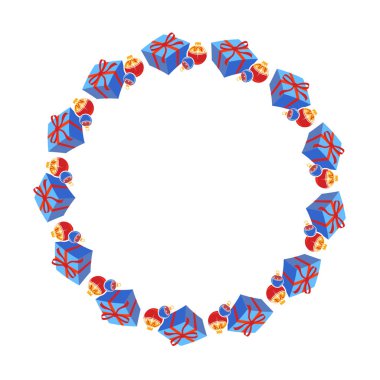 Süslemeleri beyaz arkaplanda izole edilmiş daire çerçeve. Düz stil. Noel ya da Yeni Yıl vektör illüstrasyonu. Tebrik kartı, broşür, afiş, poster veya el ilanı için tasarım ögesi.