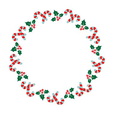 Beyaz arka planda böğürtlenli ve bastonlu yuvarlak çerçeve. Düz stil. Noel ya da Yeni Yıl vektör illüstrasyonu. Tebrik kartı, broşür, afiş, poster veya el ilanı için tasarım ögesi.