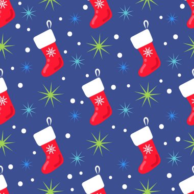 Noel çorabıyla kusursuz desen. Düz dizayn. Tatil yılbaşı vektör çizimi. Pankart, duvar kağıdı, ambalaj kağıdı veya kumaş için tasarım ögesi.