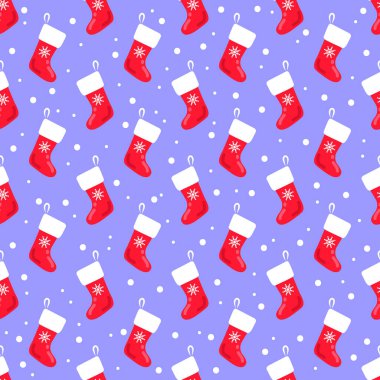 Noel çorabıyla kusursuz desen. Düz dizayn. Tatil yılbaşı vektör çizimi. Pankart, duvar kağıdı, ambalaj kağıdı veya kumaş için tasarım ögesi.