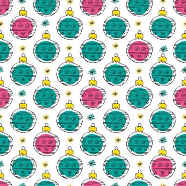 Noel toplarıyla kusursuz desen. Doodle tarzı. Tatil yılbaşı vektör çizimi. Pankart, duvar kağıdı, ambalaj kağıdı veya kumaş için tasarım ögesi.