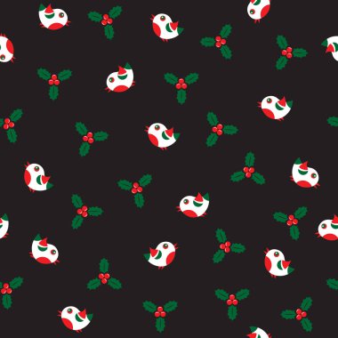 Kuş ve çobanpüskülü ile kusursuz desen. Düz dizayn. Yılbaşı tatili ya da Noel vektör çizimi. Pankart, duvar kağıdı, ambalaj kağıdı veya kumaş için tasarım ögesi.