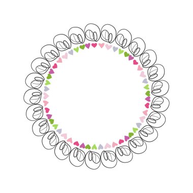 El çizimi daire çerçevesi beyaz arkaplanda izole edildi. Vektör çizimi. Kıvırcık süsleme sınırı. Şirin romantik kıvrımlı karalama tarzı..