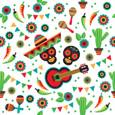 Kafatası, sombrero, kaktüs ve marakas gibi Meksika ulusal karakterleri olan kusursuz bir model. Cinco De Mayo sembolleri. Vektör çizimi. Kumaş, pankart, duvar kağıdı, ambalaj kağıdı için tasarım ögeleri.