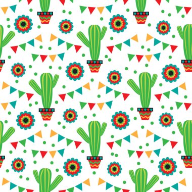 Meksika ulusal karakterleri kaktüs ve çiçeklerle kusursuz desen. Cinco De Mayo sembolleri. Vektör çizimi. Kumaş, pankart, duvar kağıdı, ambalaj kağıdı için tasarım ögeleri.