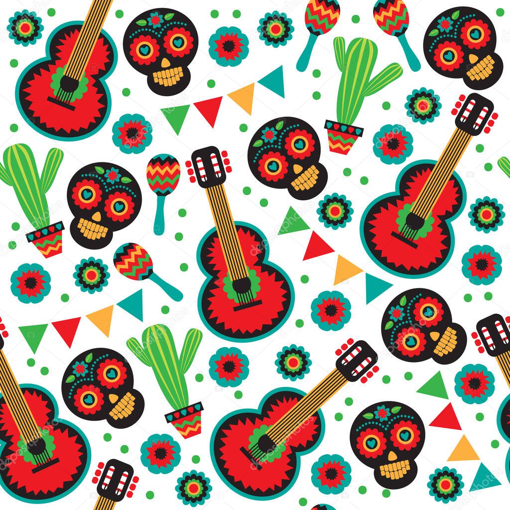 Seamless pattern with mexican national characters: skull, sombrero, cactus and maracas. Cinco De Mayo symbols. Vector illustration. Design elements for fabric, banner, wallpaper, wrapping paper.