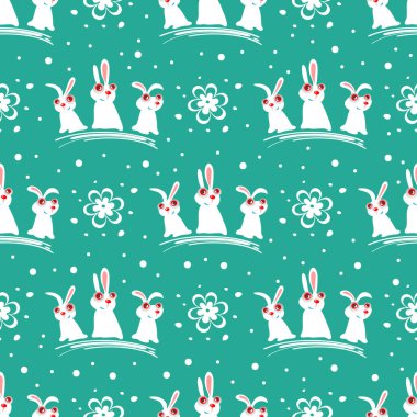 Mavi arka planda Paskalya tavşanı ve çiçekler. Kağıt veya tekstil baskısı için pürüzsüz desen.