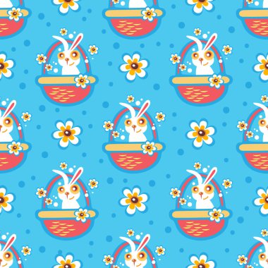 Mavi arka planda Paskalya tavşanı ve çiçekler. Kağıt veya tekstil baskısı için pürüzsüz desen.