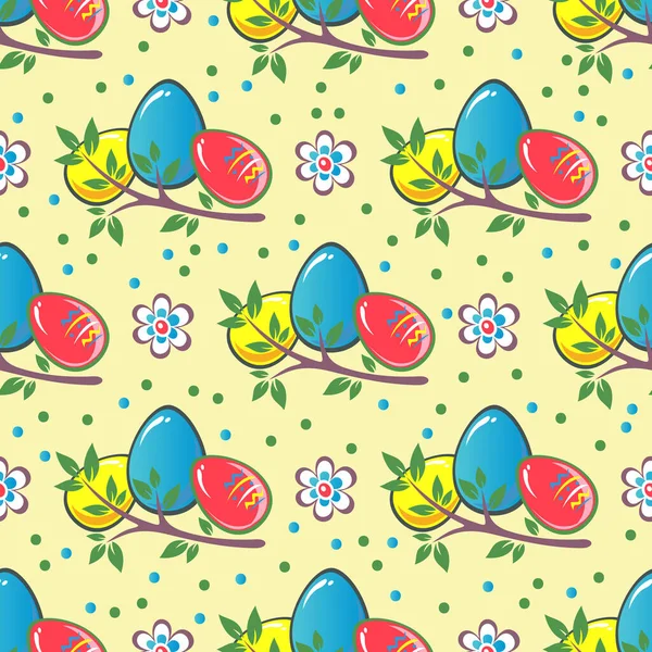 Easter eggs and flowers on yellow background. Seamless pattern for wrapping paper or textile print.