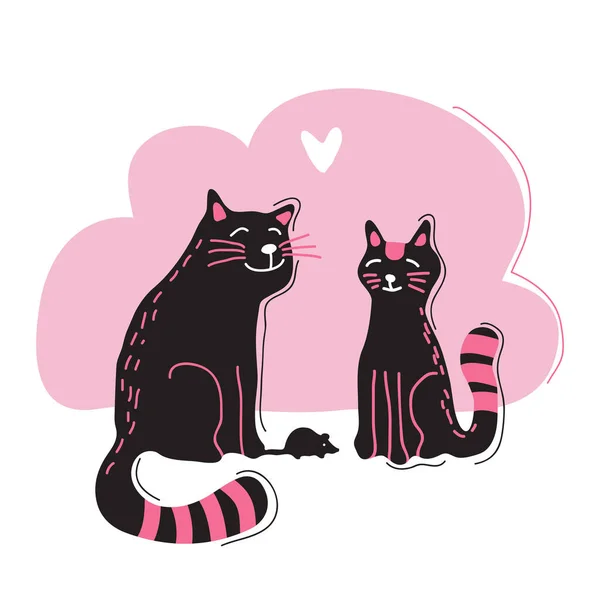 Romantic Cats Heart Valentines Vector Illustration Flat Design Elements Poster — Stock Vector