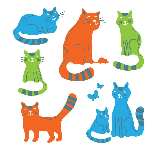 Mnohobarevné Kočky Izolované Bílém Pozadí Vektorová Ilustrace Prvky Plochého Designu — Stockový vektor