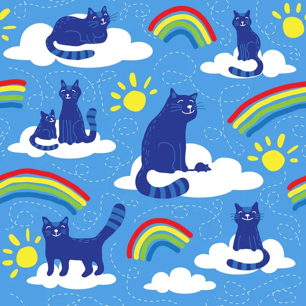 Bezproblémový Vzor Kočkami Duhou Duše Domácích Mazlíčků Nebi Vektorová Ilustrace — Stockový vektor