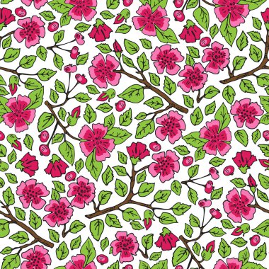Sakura çiçekli, dikişsiz çiçek deseni. Romantik illüstrasyon. Kumaş, duvar kağıdı veya ambalaj kağıdı için tasarım ögesi.