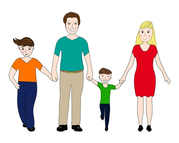 Feliz familia madre y padre con dos hijos — Vector de stock