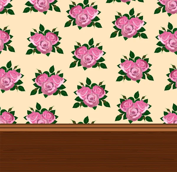 Wooden floors and wallpaper with roses — Stock Vector