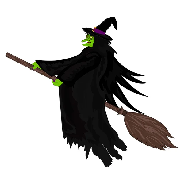 Scary witch flying on a broom — Stock Vector