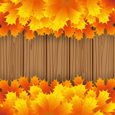 Sonbahar akçaağaç yaprağı ahşap kurulları zemin üzerine