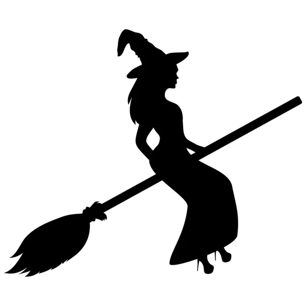 Young witch flying on a broomstick silhouette — Stock Vector