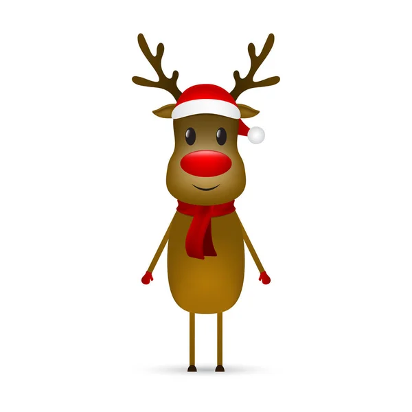 Christmas reindeer with a scarf and a santa claus hat stands on a white background. Vector illustration for a festive design — Stock Vector