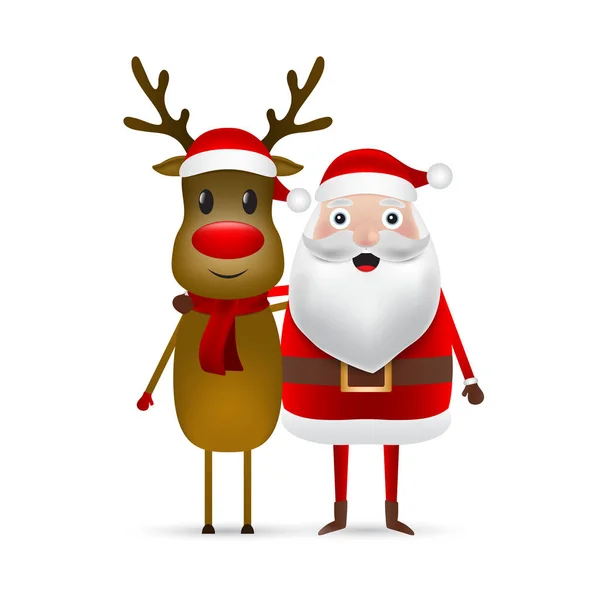 Jul Santa Claus och ren närbild på en vit bakgrund. Vektor illustration för en festlig design — Stock vektor