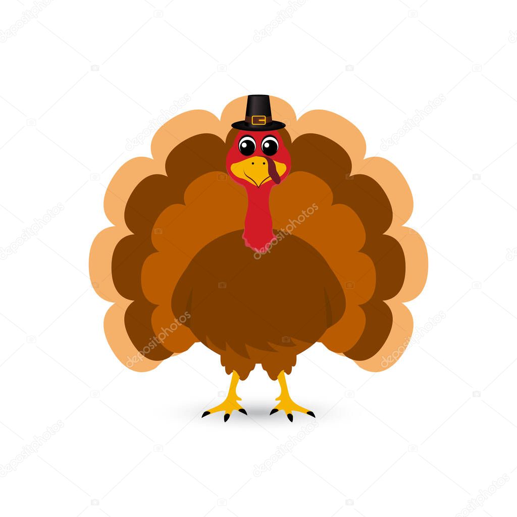Thanksgiving cartoon turkey stands on a white background. Vector illustration for the holiday