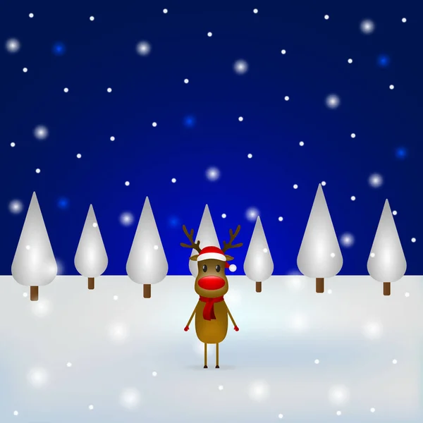Vánoční sobi se šálou a kloboukem Santa Clause stojící v lese. Vektorová ilustrace pro slavnostní design — Stockový vektor