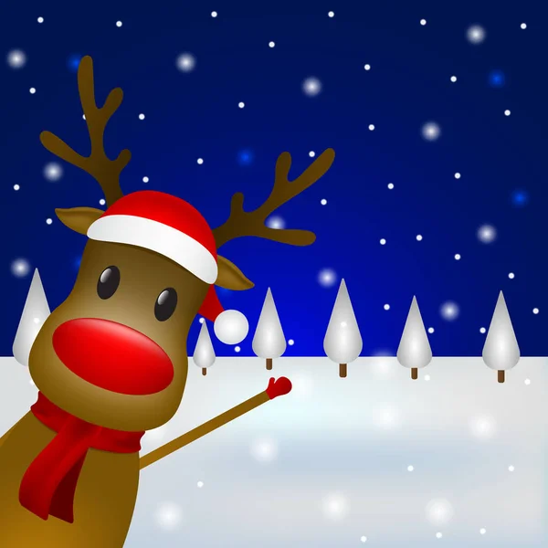 Julen renar med en halsduk och en Santa claus hatt står i skogen. Vektor illustration för en festlig design — Stock vektor