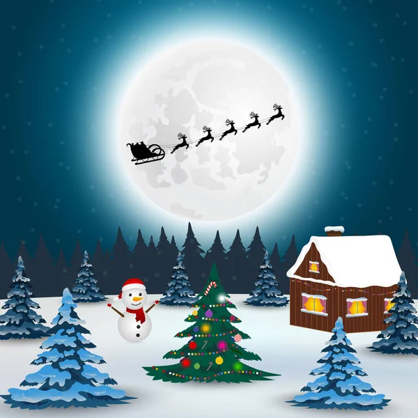 Santa Claus vuela con regalos en un trineo en un trineo de renos para Navidad y año nuevo. Ilustración vectorial para las vacaciones — Vector de stock