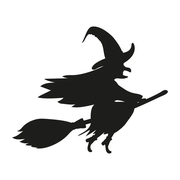 Silueta de una bruja volando sobre un palo de escoba. Halloween. — Vector de stock