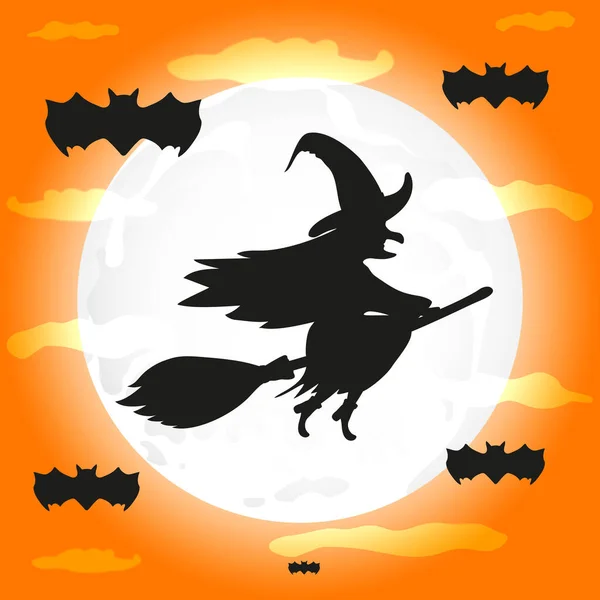 Silhouette of a witch flying on a broomstick. — Stock Vector