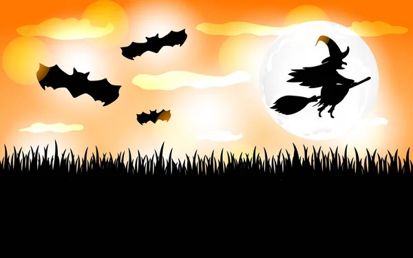 Silhouette einer Hexe, die auf einem Besen fliegt. — Stockvektor