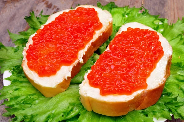 Panini con caviale di salmone in un piatto — Foto Stock