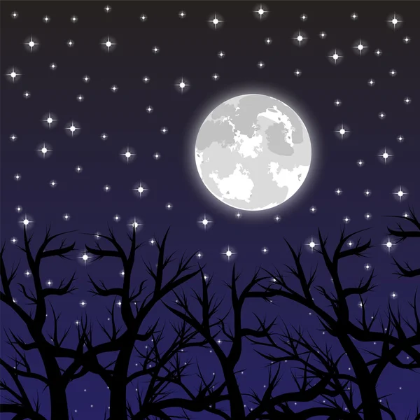 Bulan di langit dengan bintang-bintang di hutan - Stok Vektor
