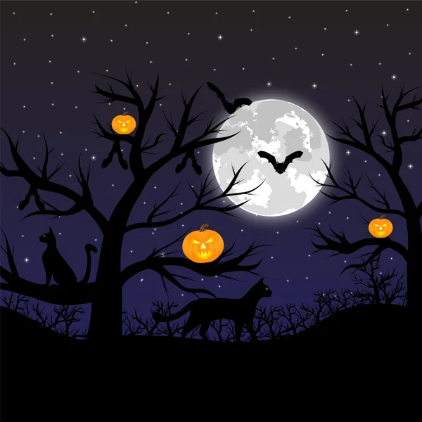 Forest with pumpkins, bats and cats at the full moon — Stock Vector