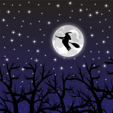 Dolunay üzerinde bir süpürge üzerinde uçan cadı